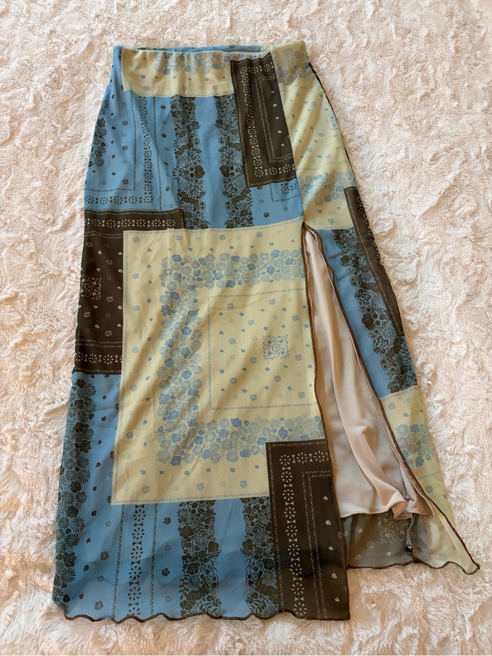 Patchwork Print Midi Skirt in Blue and Cream